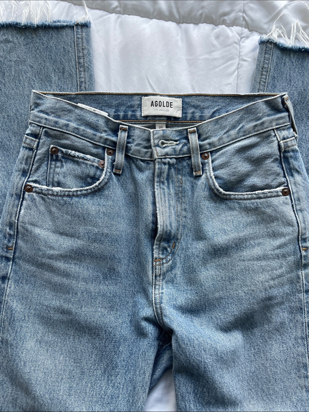 Agolde Cherie high rise Light Blue Straight Leg Jeans with Raw Hem